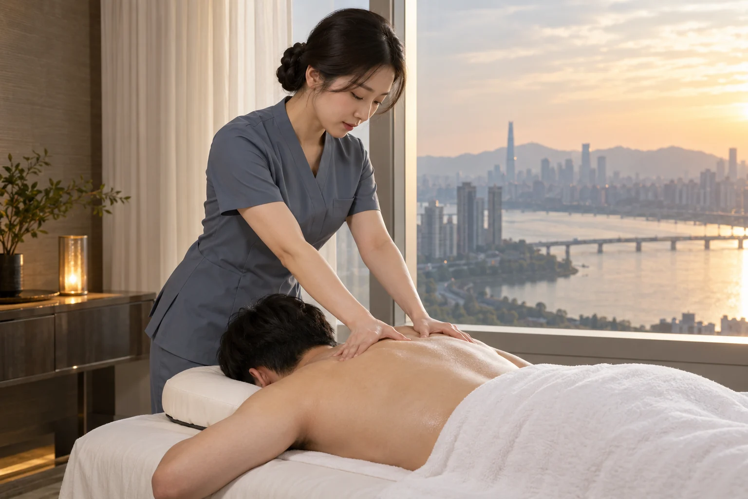 전문 관리사가 엎드린 성인 고객의 등과 어깨를 관리하는 모습