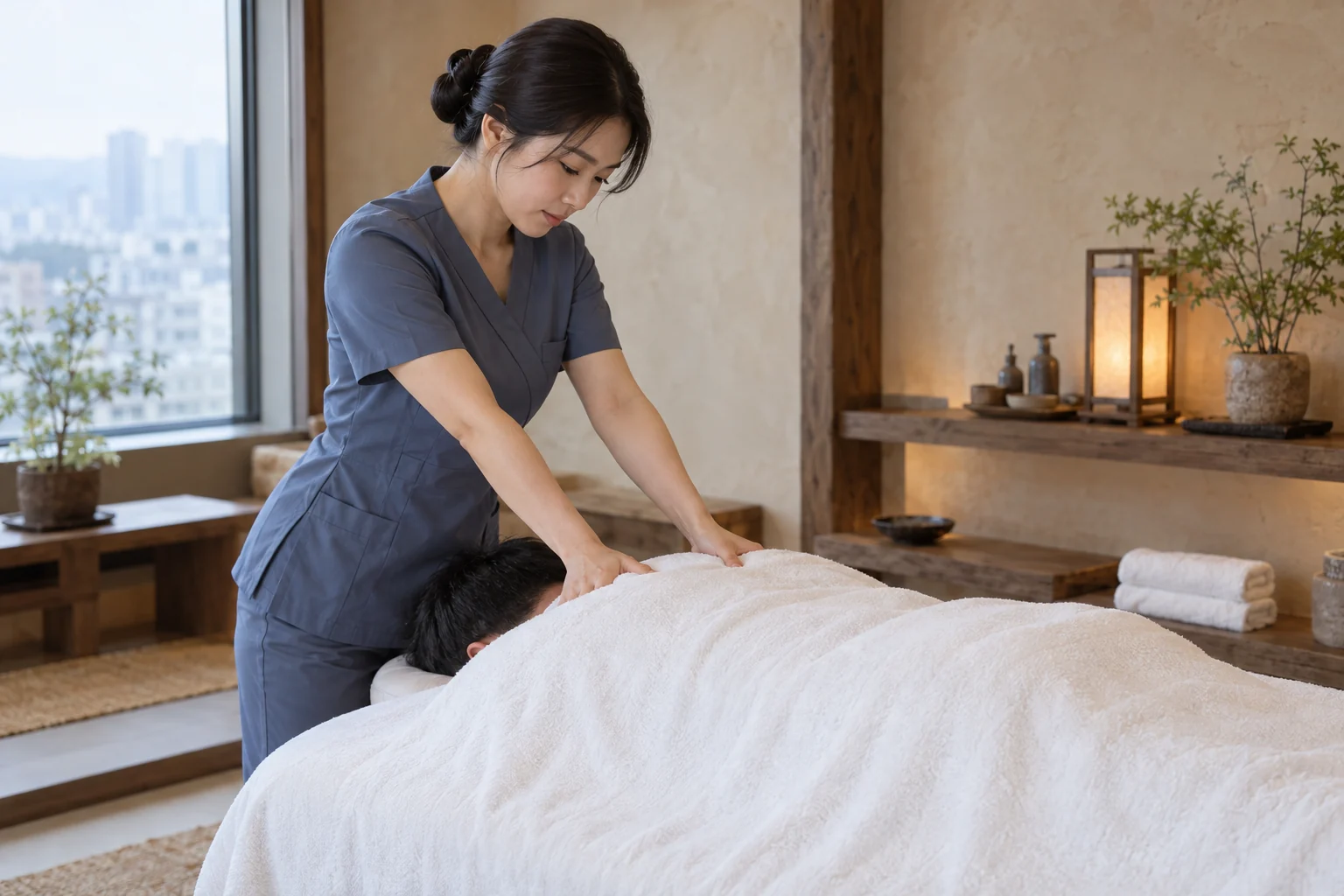 전문 관리사가 엎드린 성인 고객의 등과 어깨를 관리하는 모습