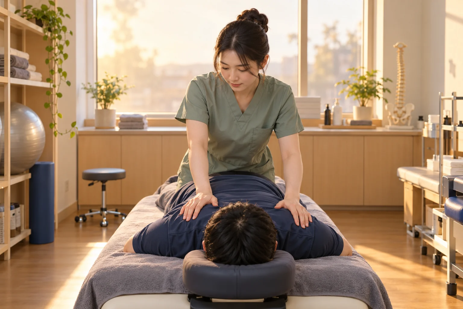 전문 관리사가 엎드린 성인 고객의 등과 어깨를 관리하는 모습